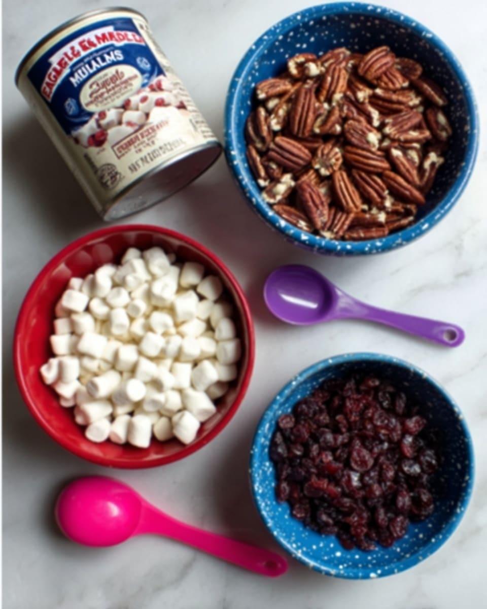 The image shows a top view of several bowls and measuring spoons arranged on a white marbled surface. There is a red bowl filled with small white marshmallows on the left side. Above it, there is a blue bowl with white dots filled with pecan halves. To the right of the pecans, another blue bowl with white dots contains dark dried cranberries. Next to these bowls are two measuring spoons, one purple and one pink. On the far left, a metal can of Eagle Brand sweetened condensed milk is also visible. Photo taken with an iphone --ar 4:5 --v 7