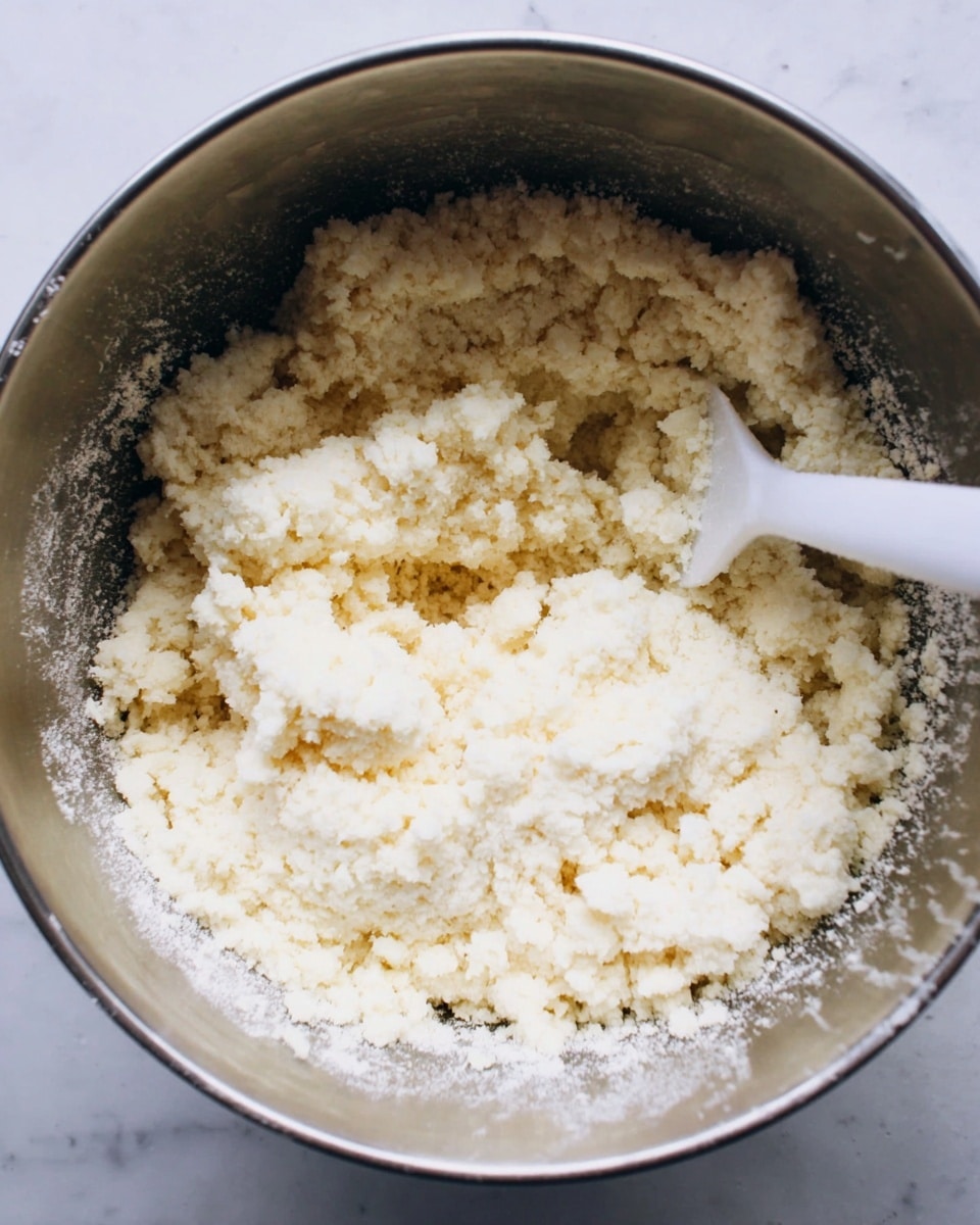 The image shows a close-up of a silver mixing bowl filled with a crumbly, pale yellow mixture that has a coarse, grainy texture. Inside the bowl, there is a white spatula resting on the side, partially buried in the mixture. The surface beneath the bowl is a smooth white marble texture. photo taken with an iphone --ar 4:5 --v 7