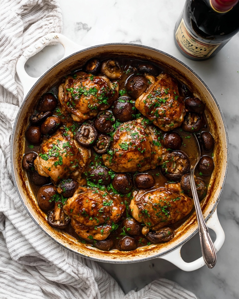 A white round pot holds a rich dish of six pieces of browned chicken thighs with a shiny, thick brown sauce covering them. Around the chicken, there are many whole dark brown mushrooms soaked in the sauce. Fresh green chopped parsley is scattered evenly over the chicken and mushrooms, adding a bright contrast. A silver spoon rests inside the pot near the bottom, slightly covered in sauce. The pot sits on a white marbled surface with a dark bottle of balsamic vinegar placed to the right. A white and light grey striped cloth is on the lower left corner. Photo taken with an iphone --ar 4:5 --v 7
