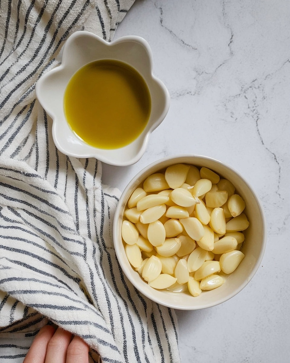 A top view of a white bowl filled with peeled garlic cloves, showing a smooth, pale yellow texture. Above the bowl is a small white flower-shaped dish filled with golden olive oil, reflecting light. Both dishes sit on a white marbled textured surface with visible cracks. To the left, a woman’s hand is touching a white cloth with black stripes that partly covers the surface. The scene is simple and clean, with soft natural light highlighting the garlic and oil photo taken with an iphone --ar 4:5 --v 7