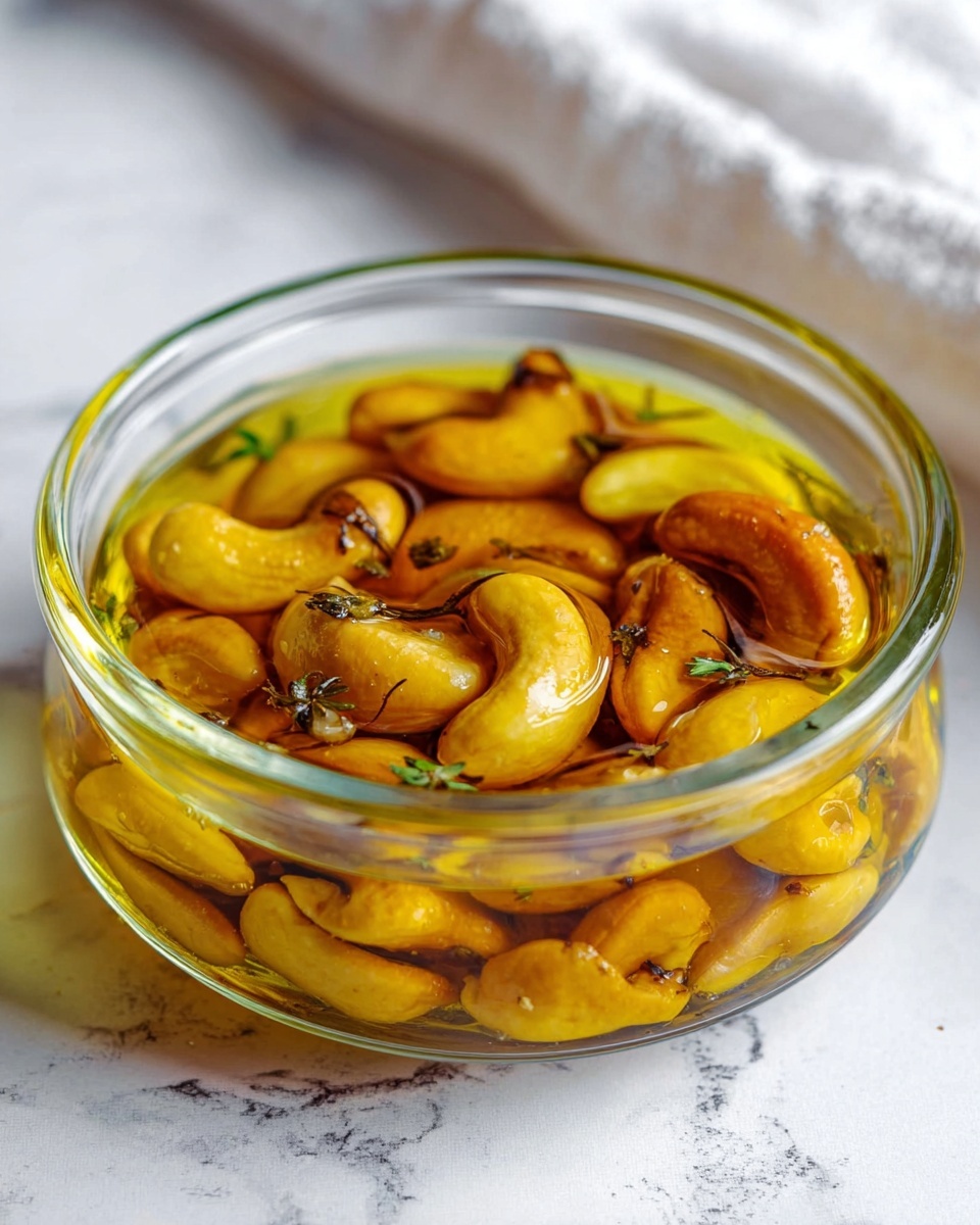 A clear glass bowl filled with golden-yellow cashew nuts and garlic cloves soaked in shiny olive oil, showing a mix of smooth and textured surfaces with a few small herbs scattered around. The cashews and garlic pieces float in the oil, creating a layered look of shiny yellow and light brown tones. The bowl is placed on a white marbled surface with a soft-focus white cloth in the background. photo taken with an iphone --ar 4:5 --v 7