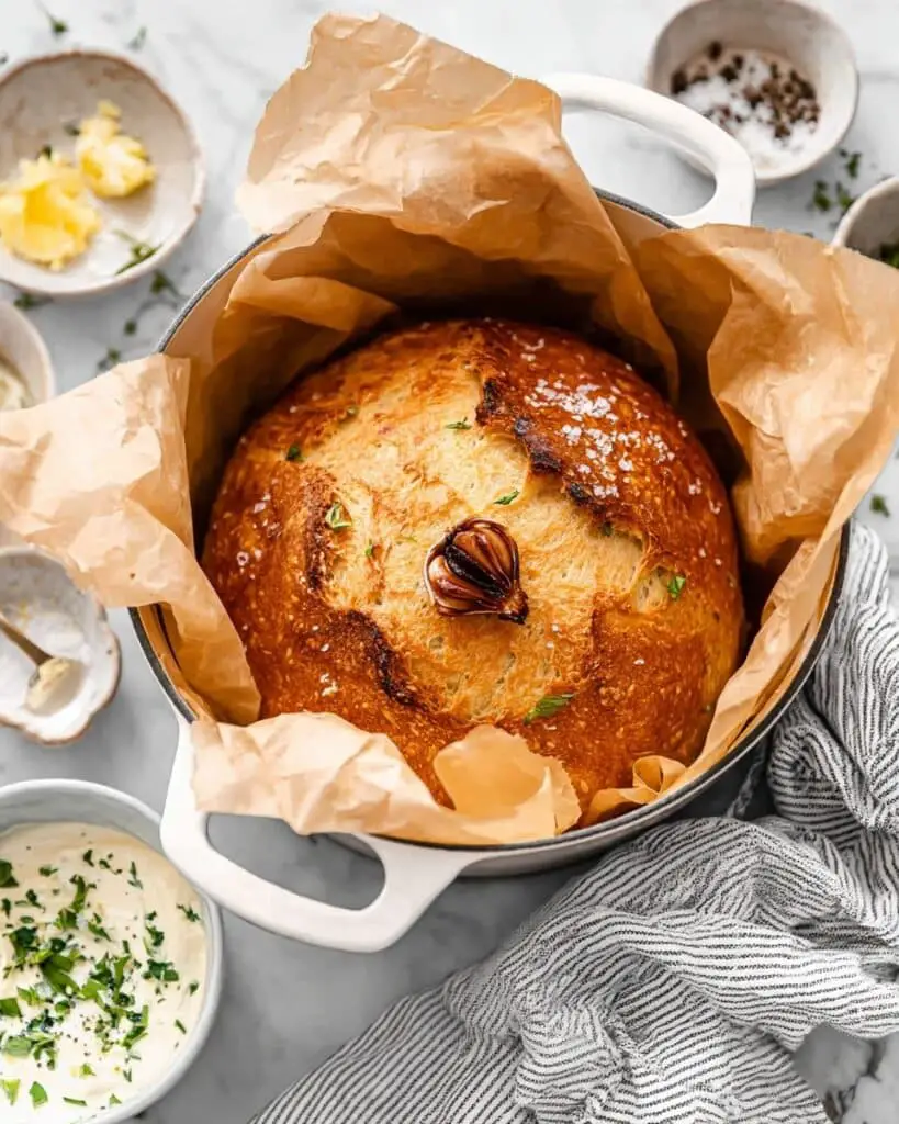 Roasted Garlic No-Knead Bread with Basil Butter Recipe