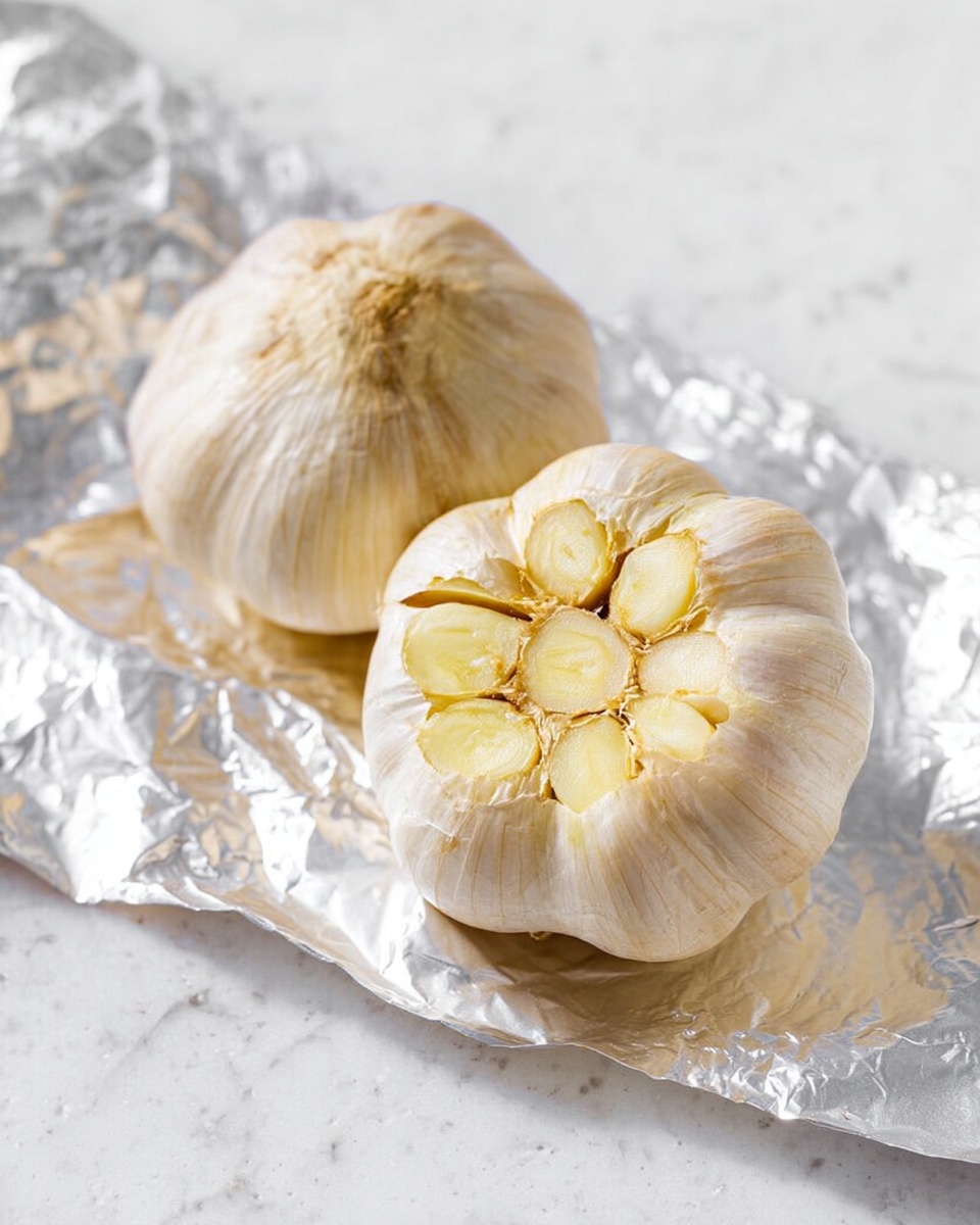The image shows two whole garlic bulbs with the tops removed, exposing the creamy white and light yellow garlic cloves inside. The bulbs rest partially on a crinkled piece of silver foil, which reflects light and adds texture to the scene. The surface beneath is a white marbled texture, giving a clean and simple look. The garlic cloves have a soft, slightly oily appearance, and the papery outer skin of the bulbs is light tan with some natural wrinkles. Photo taken with an iphone --ar 4:5 --v 7