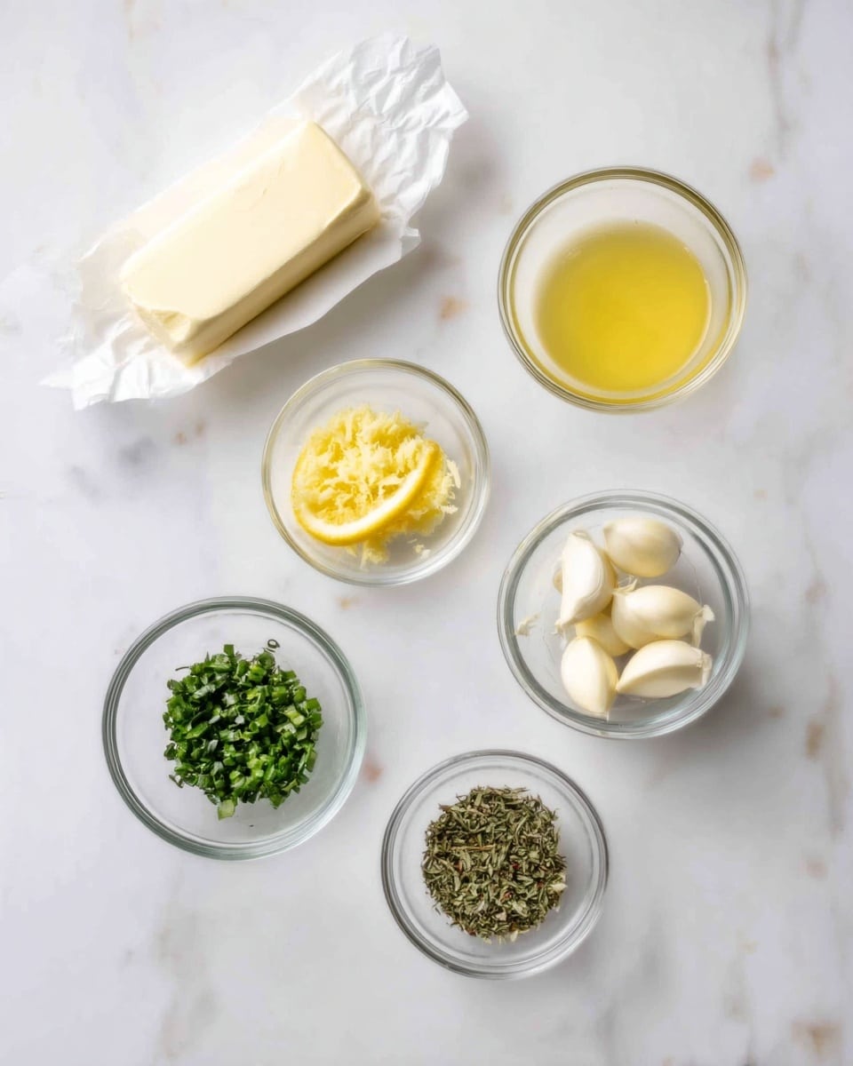 A white marbled surface holds seven clear glass bowls, each with a different ingredient arranged in a loose circle. At the top left, there is an opened stick of butter in white wrapper. To the right, a small bowl contains light yellow lemon juice. Below it, a small bowl is filled with yellow lemon zest. At the bottom right, another small bowl holds dried green herbs. In the center bottom, a bowl contains dried mixed herbs, while at the bottom left, a small bowl is filled with fresh green chopped herbs. Near the center left, another bowl holds whole peeled white garlic cloves. In the center, a small bowl contains three slices of lemon. The overall scene is bright and clean. photo taken with an iphone --ar 4:5 --v 7
