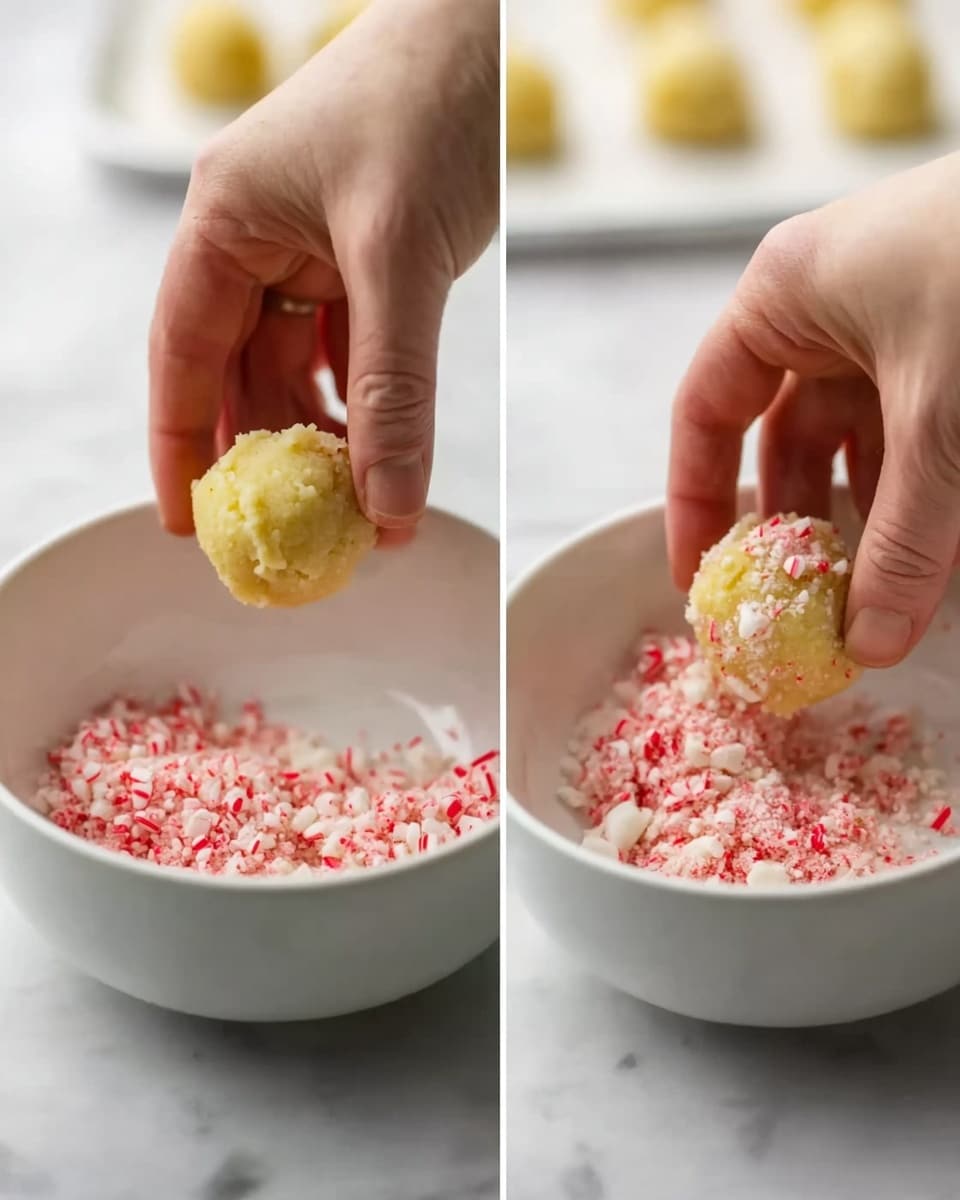 The image shows two side-by-side photos of a woman's hand holding a small, yellow dough ball over a white bowl filled with crushed red and white candy pieces. In both photos, the dough ball is being dipped into the crushed candy. The background is a white marbled surface with blurry pastry balls in the distance. The dough ball has a soft texture and the crushed candy pieces inside the bowl are small and uneven in size. photo taken with an iphone --ar 4:5 --v 7