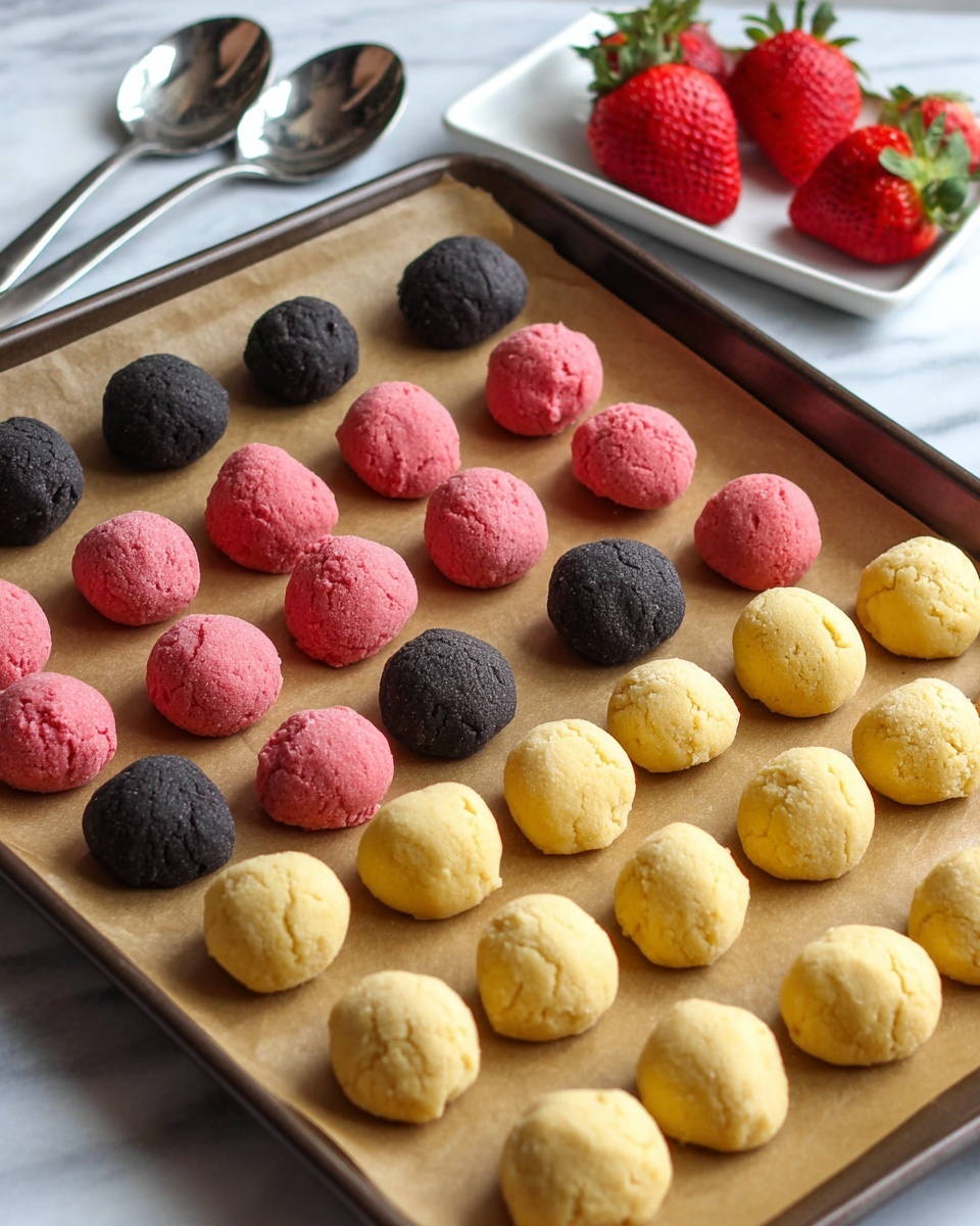 The image shows a tray lined with brown parchment paper holding three neat rows of small dough balls in three colors: dark black balls at the top, bright pink balls in the middle, and pale yellow balls at the bottom. Each dough ball is roughly round with a slightly rough texture. In the background, there is a white marbled surface with a white tray holding two vibrant red strawberries and silver spoons. photo taken with an iphone --ar 4:5 --v 7