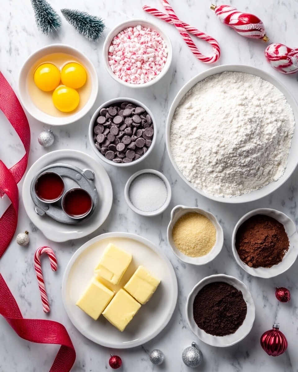 The image shows a white marbled surface with various white bowls and plates arranged neatly, each holding a different baking ingredient. There are two bright yellow egg yolks in a small white bowl at the top left, alongside a bowl of pink and white crushed candy, and a bowl full of dark chocolate chips on the right. In the center, a large white bowl is filled with white flour, surrounded by two smaller metal baking molds filled with red syrup and a small amount of white flour. Below, a flat white plate holds three slabs of yellow butter, while a small white bowl contains brown sugar next to it. At the bottom right, another white bowl contains dark cocoa powder. The scene is decorated with red ribbons, small red and silver Christmas ornaments, two candy canes, and a small white Christmas tree on the left. photo taken with an iphone --ar 4:5 --v 7