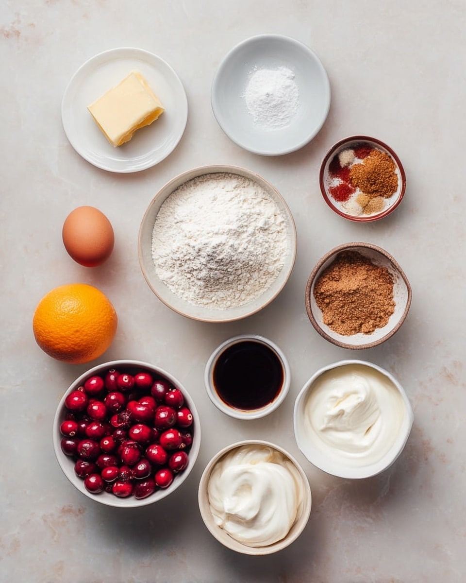 The image shows eleven white bowls and dishes arranged neatly on a white marbled surface, each holding a different ingredient. At the top center is a small white plate with a square of butter. Below it is a large bowl filled with white flour, flanked on the left by two small bowls containing salt and another white powder, and on the right by a bowl of brown sugar and a small bowl with a mix of brown spices. A bowl of fresh red cranberries is on the lower left, with a single brown egg and an orange placed nearby. A small bowl with dark vanilla extract sits in the middle, and at the bottom right is a bowl with a white creamy ingredient and another bowl with thick white cream above it. The colors are natural and vibrant, with reds, oranges, browns, and whites clearly visible. photo taken with an iphone --ar 4:5 --v 7