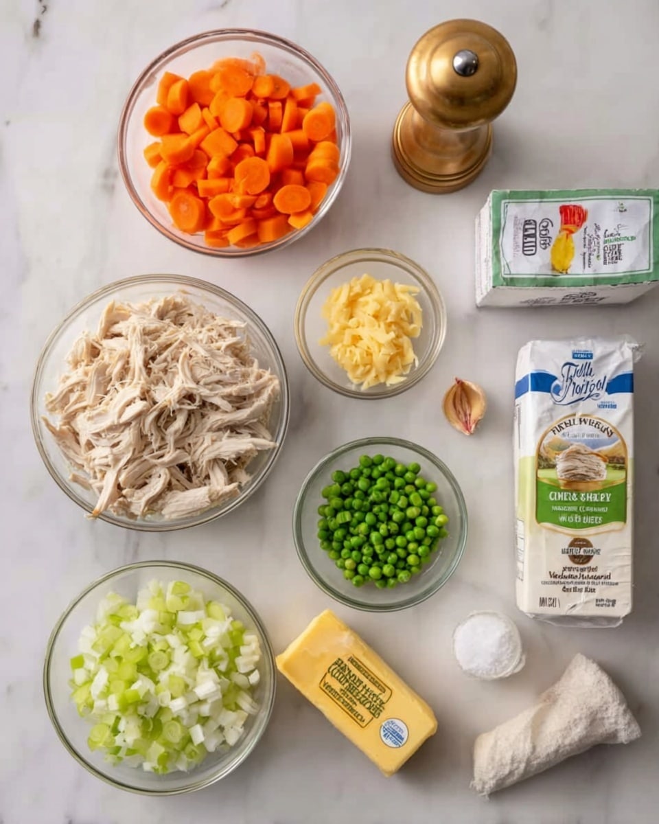 The image shows several clear glass bowls and white packages arranged neatly on a white marbled surface. There are thinly sliced orange carrots in one bowl, shredded light beige chicken in a larger bowl, chopped white onions in a smaller bowl, and bright green chopped celery in another bowl. A small bowl contains minced yellow garlic. A stick of butter in a yellow wrapper, a white bag of all-purpose flour, a white juise carton labeled heavy whipping cream, a white carton of chicken stock, and a white frozen green peas bag are also visible. A tall brass pepper grinder and a small white salt container are placed near the top right corner. The arrangement is clean and well-spaced, highlighting the raw ingredients in clear bowls for a cooking preparation scene photo taken with an iphone --ar 4:5 --v 7