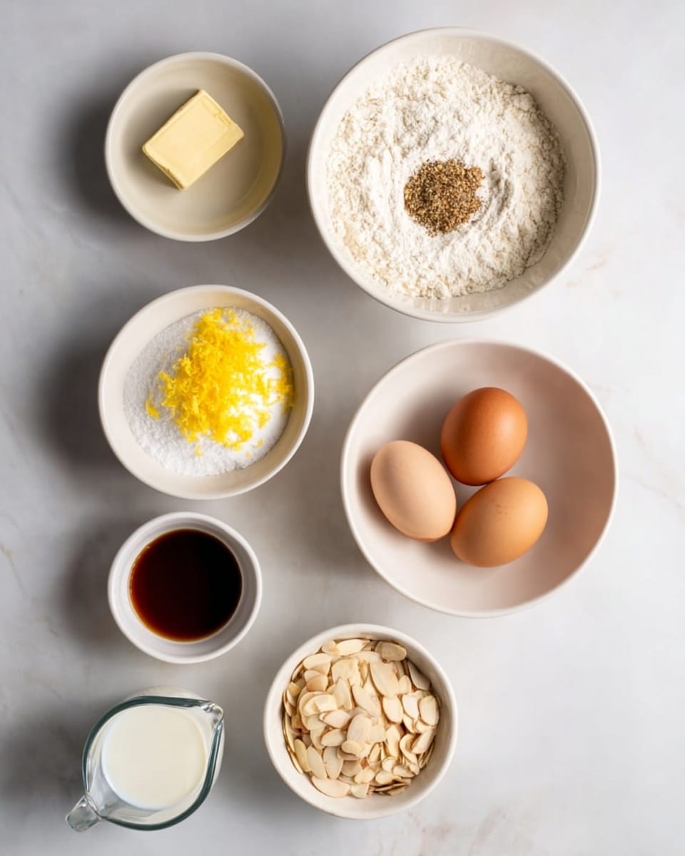 The image shows seven white bowls and a small glass container placed on a white marbled surface. On the top is a large white bowl filled with flour mixed with a small amount of ground spices. Below it is a medium white bowl with white sugar and bright yellow lemon zest on top. To the left of that is a smaller white bowl with a square piece of butter. Next to it is a glass cup with dark brown vanilla extract. Below the sugar bowl, there are two brown eggs side by side. At the bottom right is a white bowl filled with sliced almonds. Below the eggs and to the left is a glass measuring cup filled with white milk. The arrangement is neat and symmetrical. Photo taken with an iphone --ar 4:5 --v 7