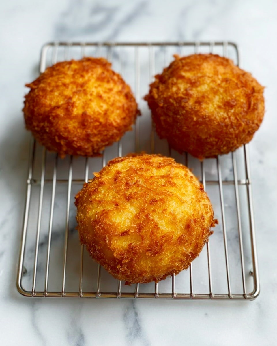 Three round, golden-brown fried items are placed on a silver wire cooling rack. Each item has a crispy, textured crust with a slightly rough surface. The wire rack sits on a white marbled surface, adding a clean and bright background to the image. The photo taken with an iphone --ar 4:5 --v 7