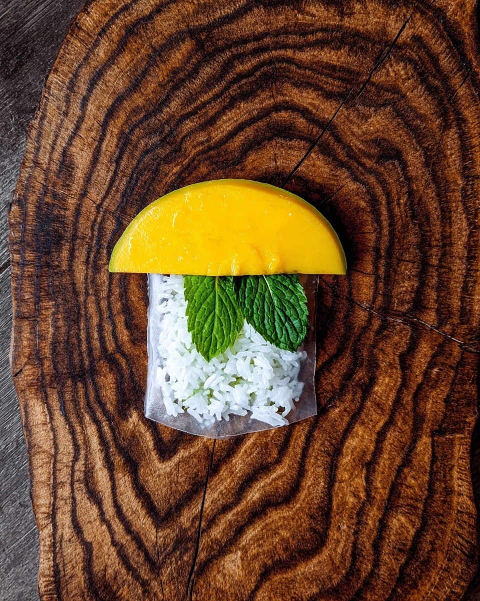 A clear round rice paper wrapper is placed on a wooden textured surface with dark brown swirls. Near the top center of the wrapper, there is a bright yellow mango slice curved in a semi-circle. Under the mango slice, two fresh green mint leaves are partially visible. Below the mango and mint, there is a small mound of white sticky rice with a soft texture. The overall look is neat and colorful with a mix of smooth, grainy, and leafy textures. Photo taken with an iphone --ar 4:5 --v 7