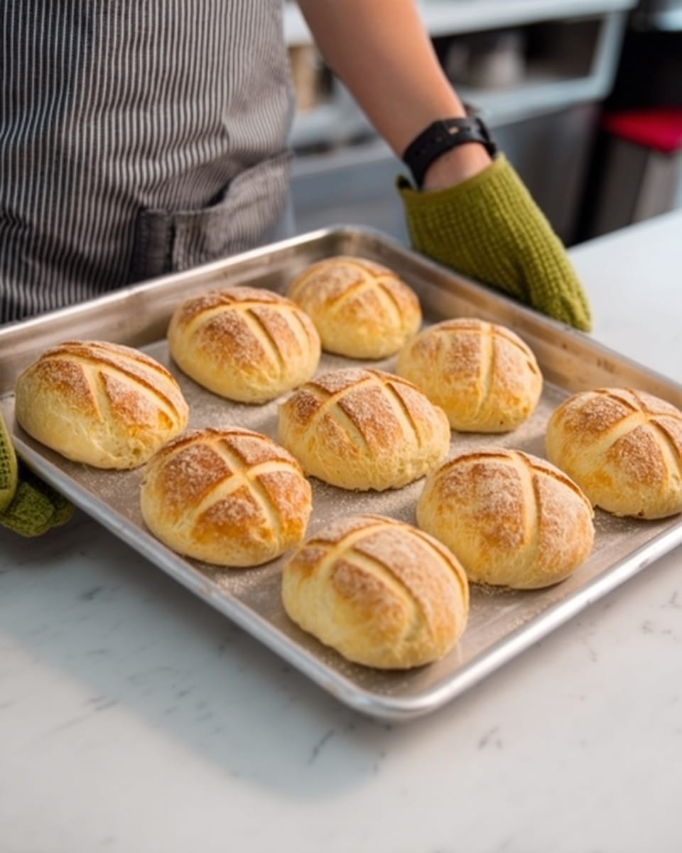A metal baking tray holds ten round bread rolls with a golden-yellow color and a slightly crispy top, each marked with a grid pattern of light brown lines. The tray is being held by a person wearing a gray-striped apron, a green oven mitt on their left woman's hand, and a black wristband on their right woman's hand. The background shows a white marbled surface and a blurred kitchen setting. photo taken with an iphone --ar 4:5 --v 7