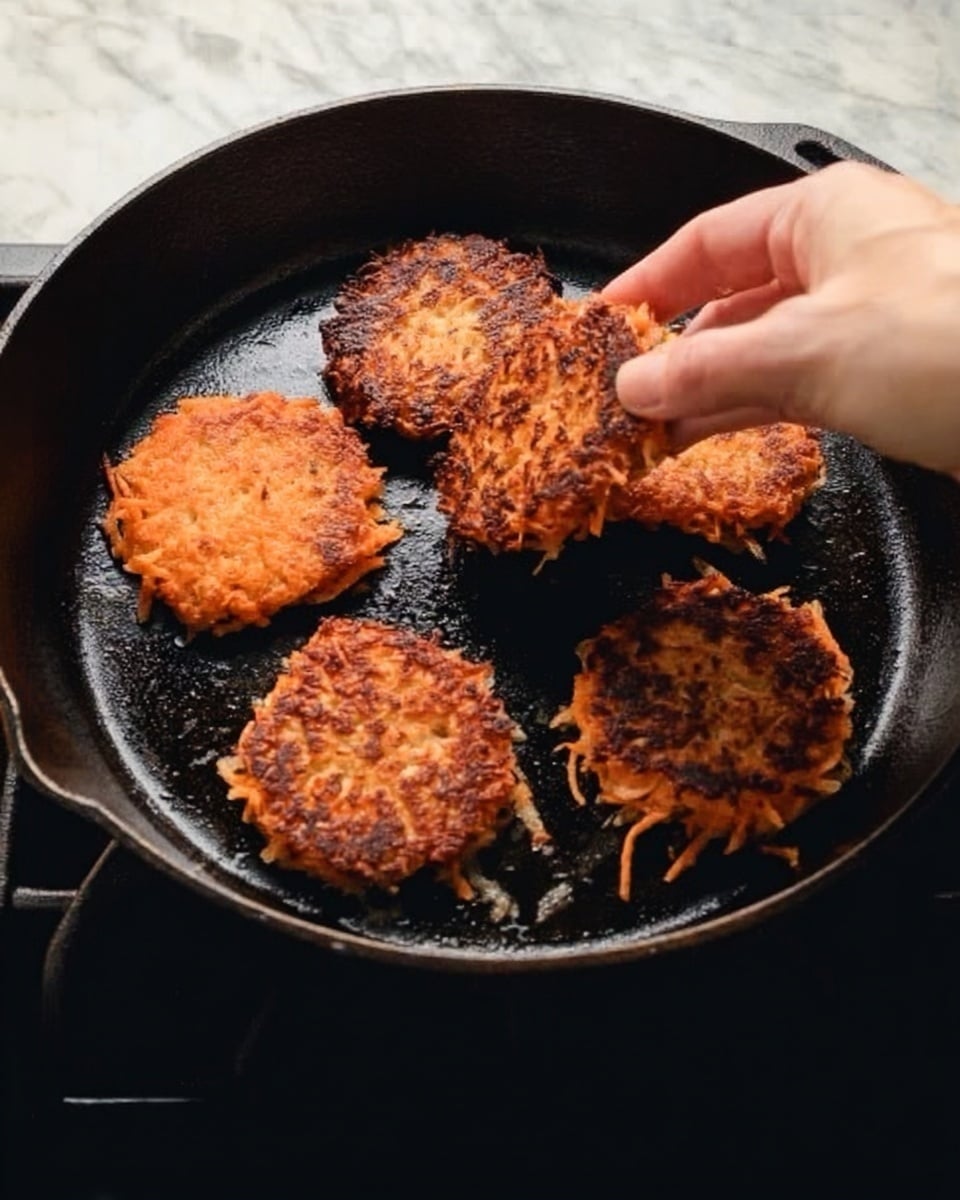 The image shows five small, round orange-brown patties being cooked in a black cast-iron pan on a stove. The patties look crispy with some darker brown spots, indicating they are well-fried. A woman's hand is gently lifting one of the patties, showing its thin and crunchy texture. The background surface is changed to a white marbled texture. photo taken with an iphone --ar 4:5 --v 7