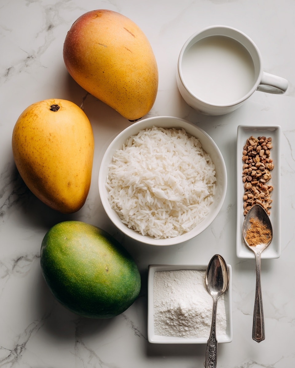 The image shows a wooden table with several ingredients laid out neatly. There are two mangoes, one yellow and the other green, placed side by side on the left. To the right, a white bowl is filled with white rice that looks soft and fluffy. Above the bowl, a white cup holds a smooth, white liquid, likely coconut milk. Next to the cup, there is a silver spoon filled with small brown seeds or spices, and a rectangular white dish contains a small pile of white powder, possibly flour or starch. The background is a white marbled texture, photo taken with an iphone --ar 4:5 --v 7