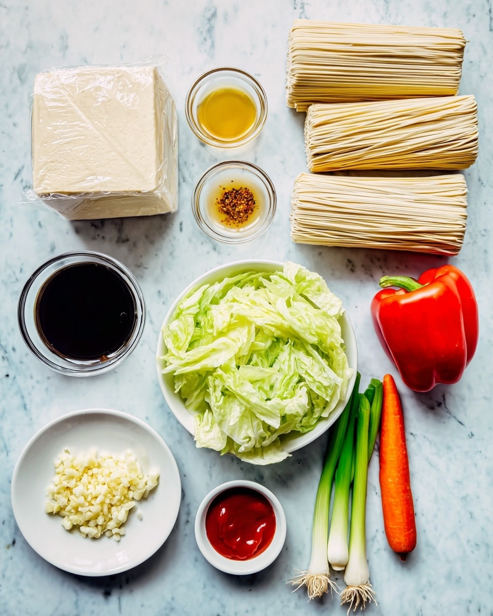 The image shows various ingredients laid out on a white marbled surface. There are three blocks of pale yellow noodles stacked vertically at the top right. Below the noodles, there is a white bowl filled with light green lettuce leaves. To the bowl's right are a bright red bell pepper, three green onions with white bases, and a whole orange carrot arranged side by side. On the left side of the bowl, there is a rectangular block of pale yellow tofu wrapped in plastic, with a small pile of minced pale yellow garlic on a white plate near it. Four small glass bowls hold different sauces and spices: a dark brown soy sauce, a pale yellow liquid, a light amber liquid, and a golden seed spice. Another small white dish contains a red sauce. photo taken with an iphone --ar 4:5 --v 7