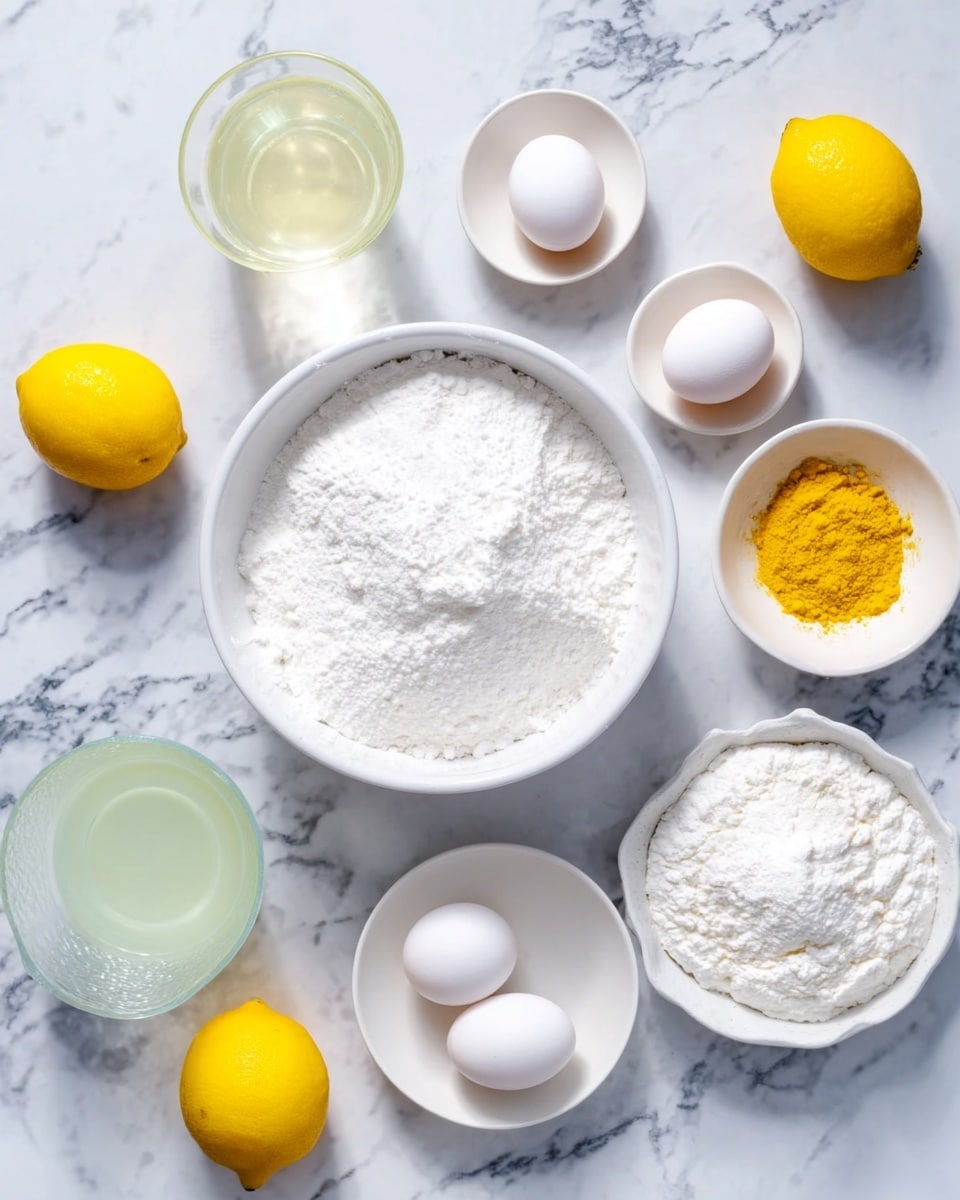 The image shows a flat lay of baking ingredients arranged on a white marbled surface. There are six white bowls and plates; the largest bowl in the center is filled with white powdered sugar or flour with a fine texture. Surrounding it are smaller white bowls and plates, each holding ingredients: two whole white eggs on one plate, a small bowl with a yellow powdery substance (likely turmeric or spice) on top right, a bowl with white flour or powdered sugar on the far right, a bowl with a white powdery ingredient on the left, and a transparent cup with a white liquid and another transparent cup with a light green liquid. Three bright yellow lemons are placed around the bowls on the marble surface. The composition is clean and evenly spaced. photo taken with an iphone --ar 4:5 --v 7