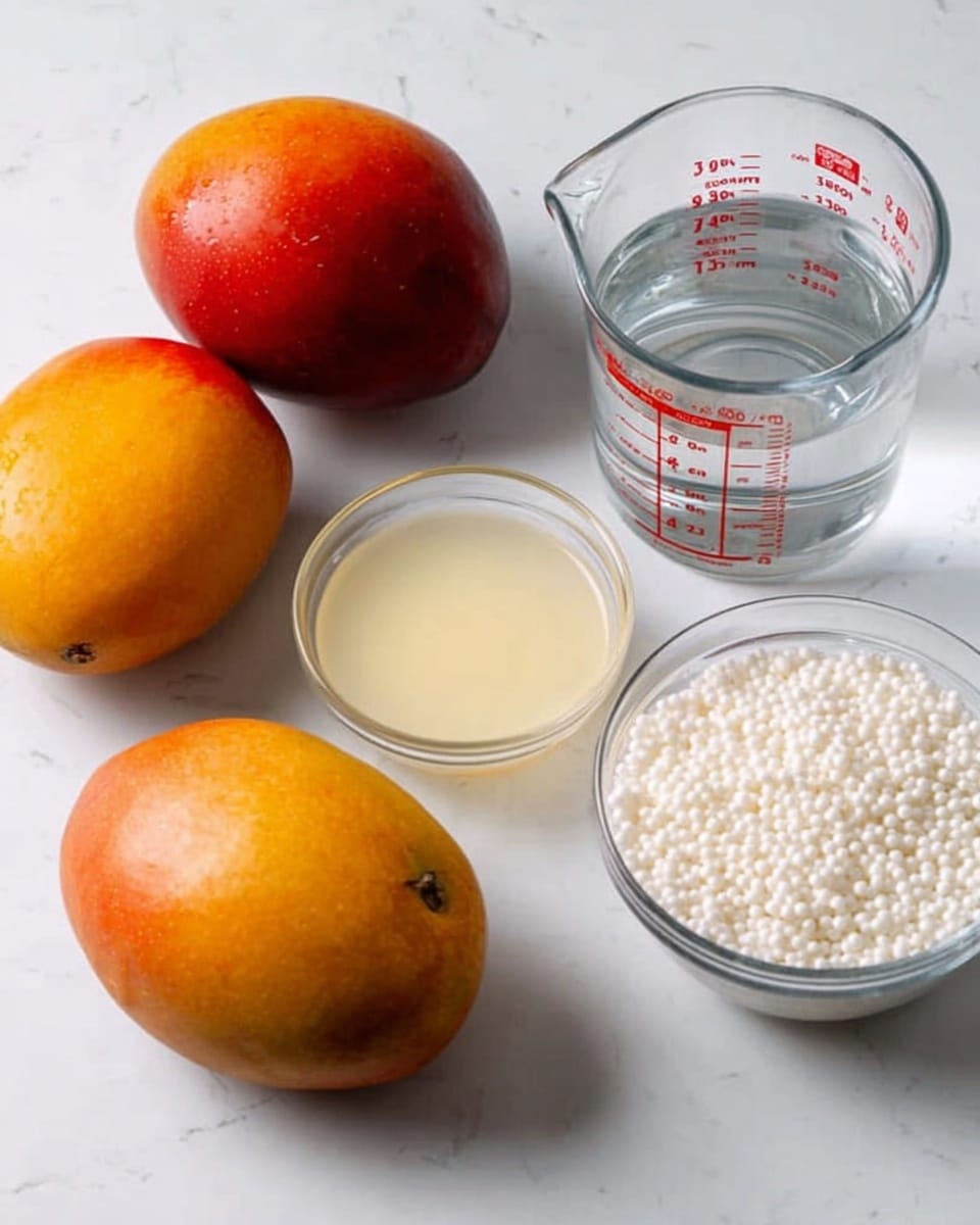 The image shows a white marbled surface with five items placed on it. On the left side, there are two whole ripe mangoes with orange and red skin, sitting next to each other. In the middle front, there is a small clear glass bowl filled with a light yellow liquid. Behind it, slightly to the right, there are two clear glass measuring cups: the left one contains a creamy white liquid, and the right one holds clear water with red measurement markings on the side. To the right front, there is a clear glass bowl filled with white tapioca pearls. photo taken with an iphone --ar 4:5 --v 7