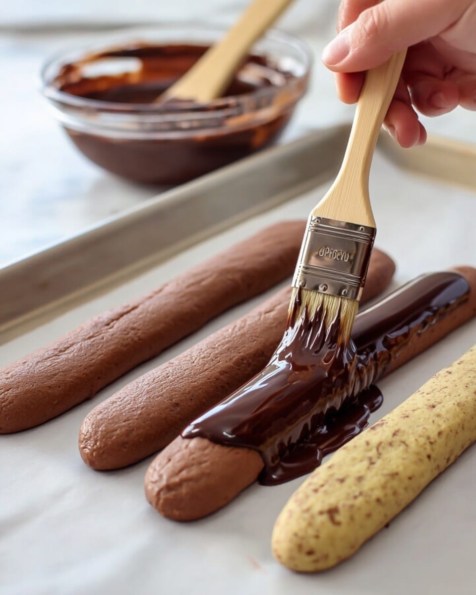 The image shows three long, light brown cookie dough sticks placed on a white baking sheet with a white marbled surface underneath. One stick in the middle is being covered with a shiny, smooth layer of dark chocolate sauce using a brush held by a woman’s hand. The chocolate layer is wet and glossy, dripping slightly on one side, while the other two dough sticks remain plain and matte. In the background, a clear glass bowl filled with more chocolate sauce and a wooden brush can be partially seen, slightly out of focus. The scene is brightly lit and the textures of the dough and chocolate contrast clearly. photo taken with an iphone --ar 4:5 --v 7