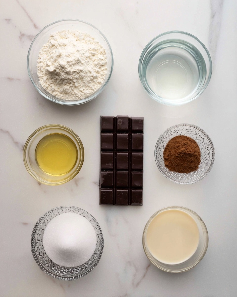 The image shows six small clear bowls arranged neatly on a white marbled surface, each holding a different ingredient. At the top left is a bowl filled with white flour, next to it on the top right is a bowl with clear water. Below the flour, to the left, is a small bowl containing a light yellow liquid, likely oil. At the center, below the water, there is a dark chocolate bar with visible squares. To the bottom left, there is a bowl filled with white granulated sugar, and on the right of it, a small bowl with a brown powder, likely cinnamon. Finally, near the chocolate, there is a bowl with a creamy, off-white liquid. All bowls are clear except the brown powder and creamy liquid which have patterned rims. The photo was taken with an iphone --ar 4:5 --v 7