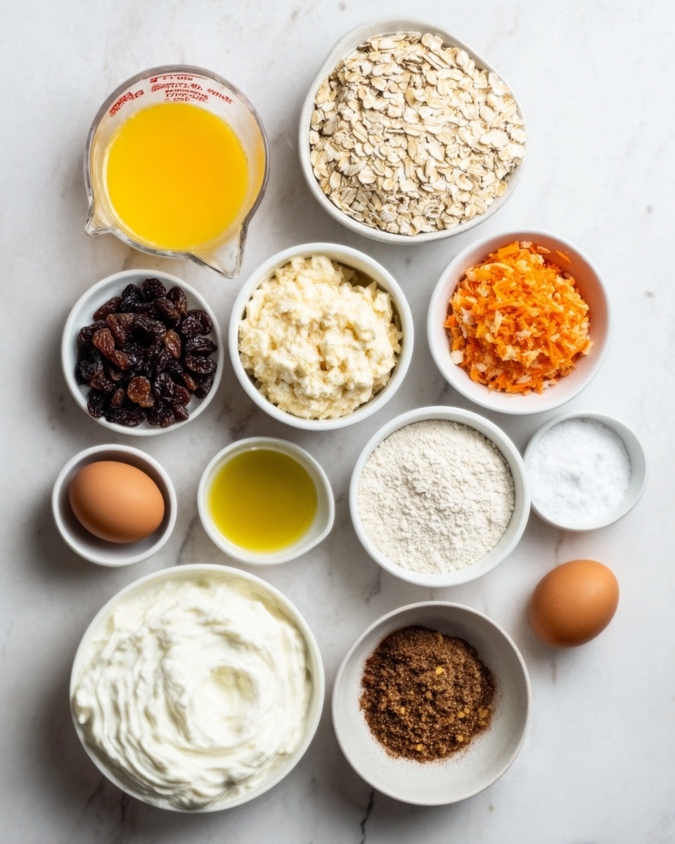 The image shows twelve small white bowls and containers arranged on a white marbled surface, each holding different baking ingredients. Starting from the top left, there is a measuring cup with yellow melted butter, a bowl filled to the top with light beige oats, a small white bowl with dark raisins, and a small white bowl with finely grated orange carrots. Below them are a white bowl with a creamy light yellow mixture, a small bowl with golden yellow oil, two whole brown eggs, a white bowl with what looks like baking powder or salt, and a small bowl with a dark brown powder, likely cinnamon. At the bottom left corner is a bigger white bowl filled with a thick white creamy substance, possibly cream cheese or yogurt. Everything is set on a clean white marbled surface. No woman's hand is shown. Photo taken with an iphone --ar 4:5 --v 7