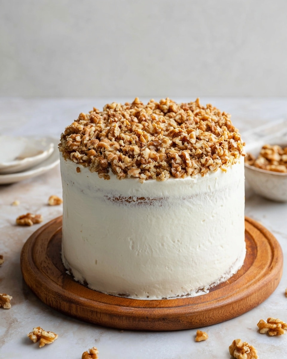 A tall, round cake with smooth, white cream frosting covering all sides, sitting on a round wooden board. The top of the cake is fully covered with a thick layer of chopped light brown walnuts, giving it a rough texture. The cake itself looks dense with multiple layers hidden inside under the creamy outside. It is placed on a white marbled surface with a few scattered walnut pieces nearby. The photo taken with an iphone --ar 4:5 --v 7