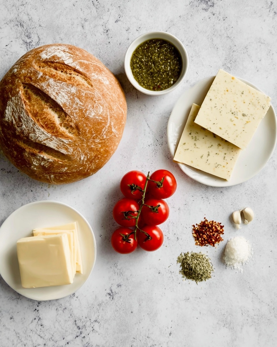 The image shows a round loaf of bread with a golden-brown crust and some decorative cuts on top, placed on a white marbled surface. Nearby, there are two slices of light yellow cheese with small herbs visible, positioned above a small white bowl filled with green pesto sauce. Below these, a cluster of bright red cherry tomatoes on the vine rests on the same white marbled background. To the left, a white plate holds several slices of light yellow butter, and next to it, another white plate features small piles of different seasoning: one with green herbs, one with red chili flakes, and two small white garlic cloves. The overall setup is simple and clean with a natural look. photo taken with an iphone --ar 4:5 --v 7
