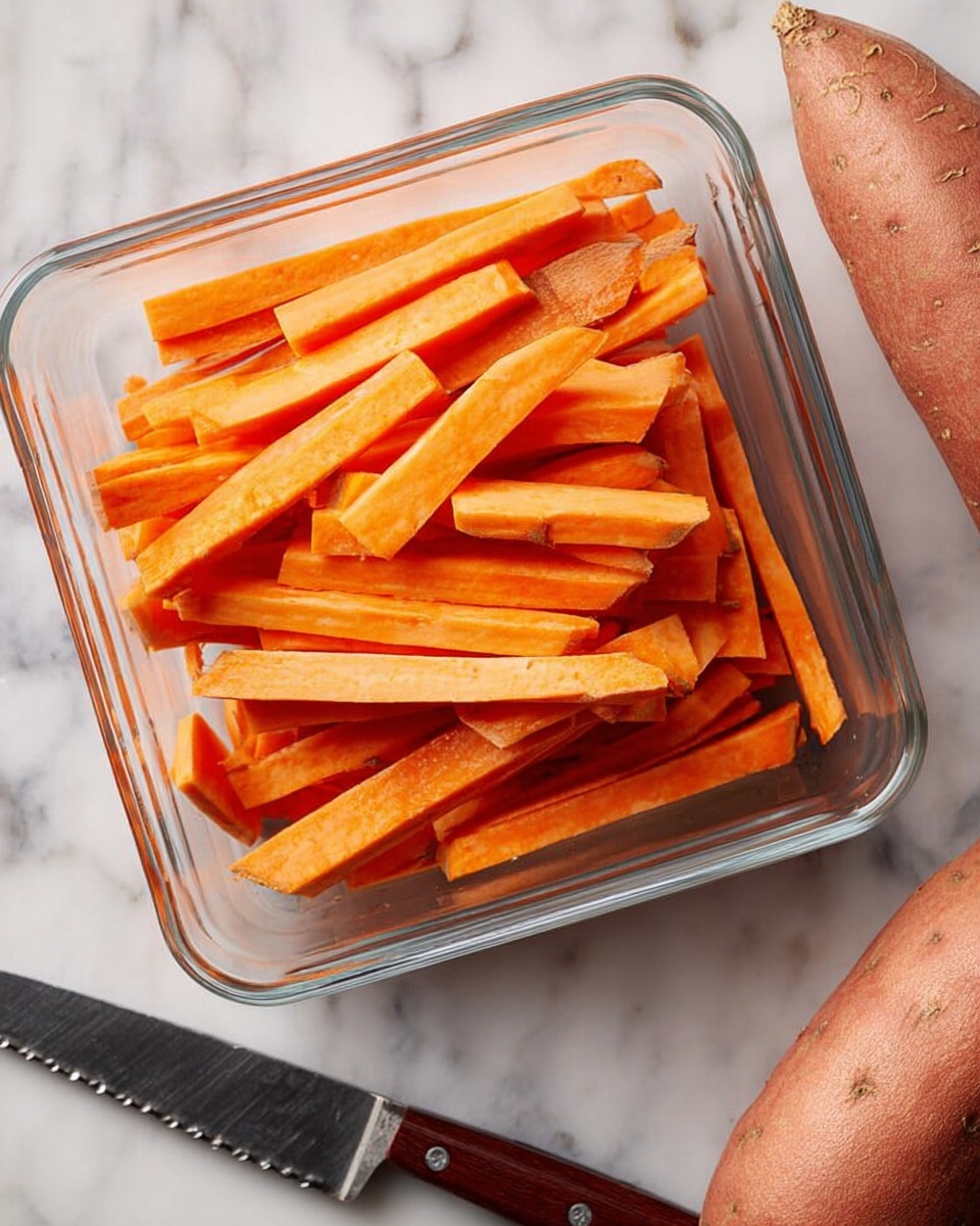 The image shows a clear rectangular glass container filled with bright orange sweet potato sticks cut into long, thin pieces, neatly stacked on top of each other. To the right of the container, there is a whole unpeeled sweet potato resting on a white marbled surface. Below the container is a serrated knife with a dark handle lying flat, partially in view. The overall setting is clean and simple with a focus on the fresh sweet potatoes and their vibrant color. photo taken with an iphone --ar 4:5 --v 7