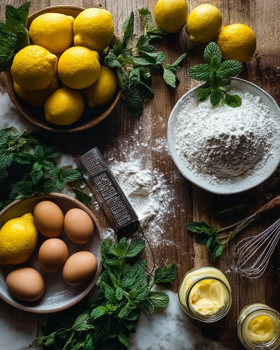 The image shows a rustic wooden table with several items for baking or cooking arranged neatly. On the top left, there is a bowl filled with bright yellow lemons and fresh green mint leaves. Below it, another bowl holds brown eggs, more lemons, and green leafy herbs. On the right side, there is a white bowl filled with white powdered flour, with some spilled around it, alongside a metal grater and a spoon covered in flour. Near the bottom right, a silver whisk lays on the table next to a small jar of yellow butter and fresh mint leaves. The overall scene has warm lighting and a natural look, arranged on a white marbled surface. photo taken with an iphone --ar 4:5 --v 7