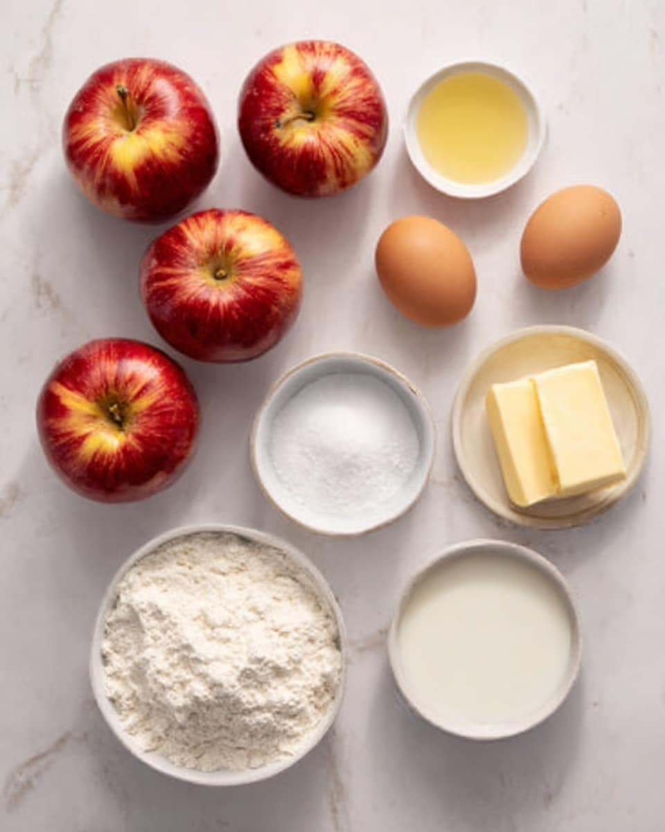 The image shows a white marbled surface with three red apples that have yellow streaks, placed on the left side. To the right of the apples, there are small white bowls arranged in a loose circle; one bowl contains white flour with a smooth powdery texture, another has a light yellow liquid, another contains white granulated sugar, and one more has a small block of pale yellow butter. There are three brown eggs placed below the flour bowl, and near them is a white bowl filled with a white liquid. The scene is bright and clean, with all items spaced neatly. photo taken with an iphone --ar 4:5 --v 7