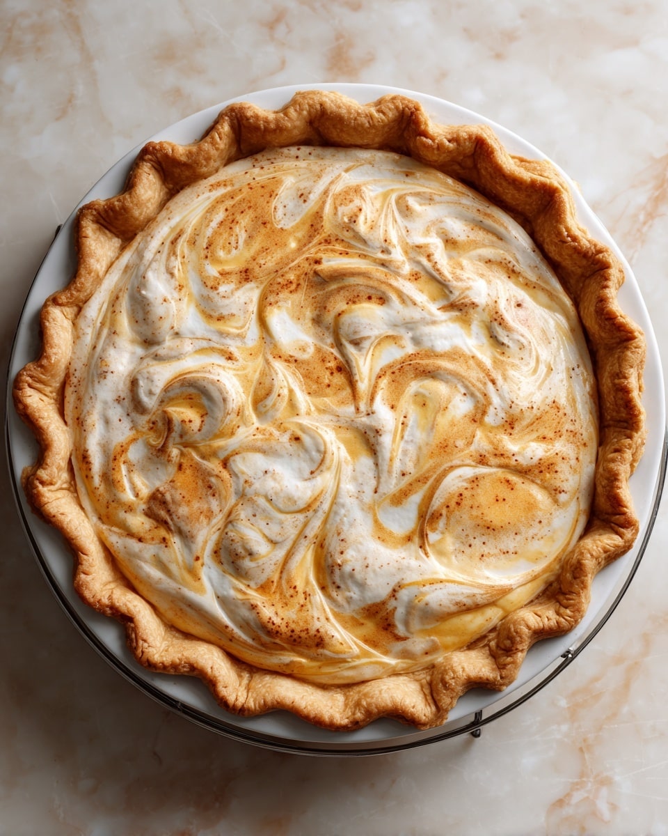 A round pie with a golden, crimped edge crust sits on a metal cooling rack over a white marbled surface. The pie is filled with a creamy white and light tan swirled topping that is slightly browned in some areas, creating soft peaks and waves across the surface. The texture of the topping looks smooth and fluffy with a lightly toasted finish, contrasting with the firm crust beneath. The pie is centered in a white pie dish, all captured from above in soft natural light. photo taken with an iphone --ar 4:5 --v 7
