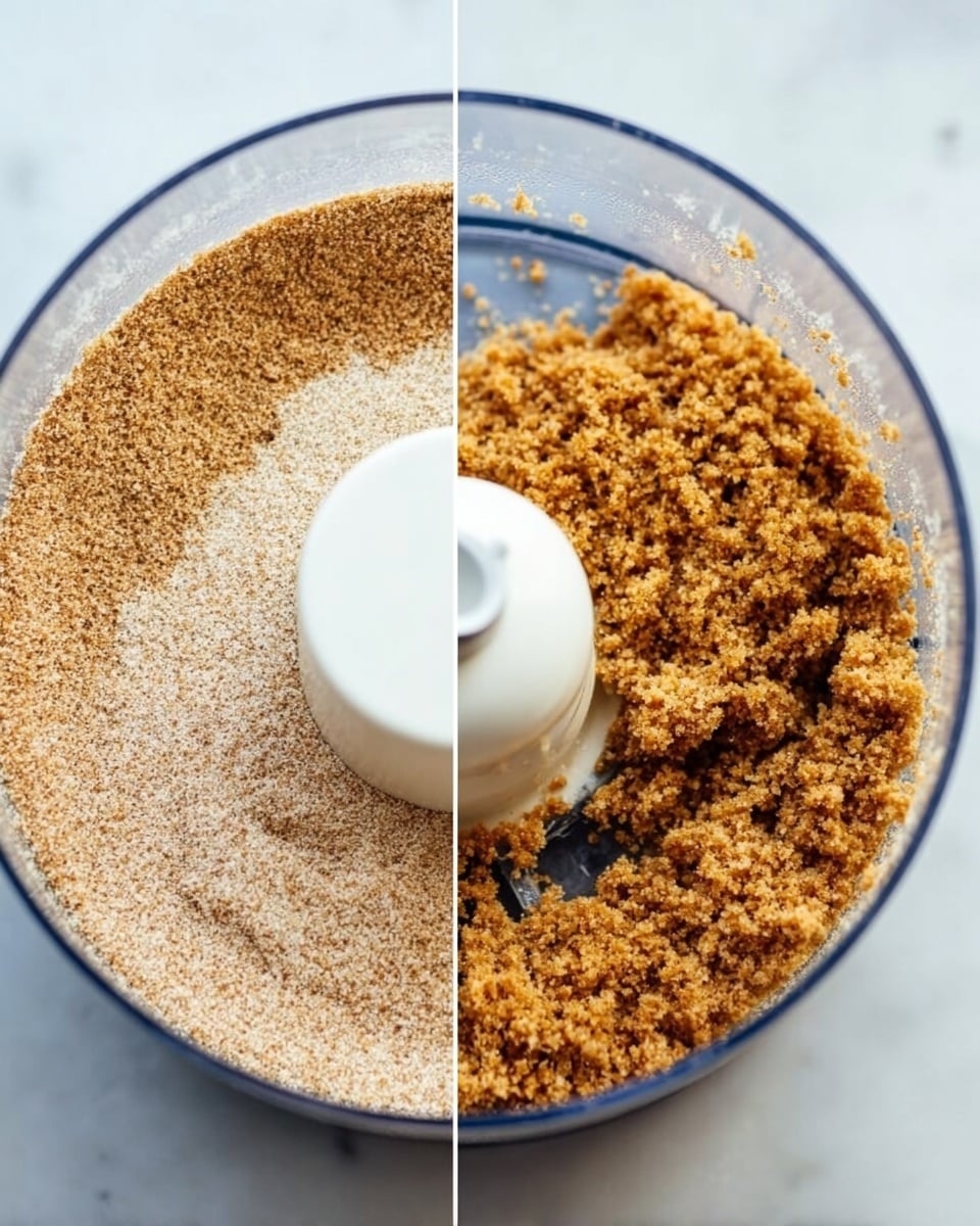 The image shows a close-up of a food processor on a white marbled surface with its clear bowl containing two different stages of crumb mixture. On the left side, there is a smooth, fine dry spice and nut powder covering the white blade in the center, displaying a light brown color with a slightly grainy texture. On the right side, the food processor contains a coarser, moister crumbly mix of a darker golden brown shade, uneven and rough in texture, still surrounding the white blade. The focus is on the contrast between the two textures inside the clear bowls of the food processor, all seen from above. Photo taken with an iphone --ar 4:5 --v 7