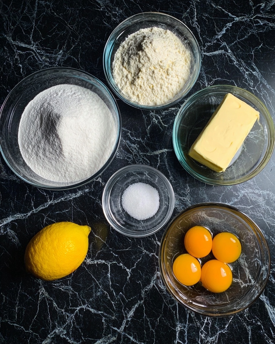 The image shows six clear glass bowls arranged on a dark black marbled surface with white veins. From left to right, there is a bowl full of white sugar, a bowl with white flour, a bowl with a block of light yellow butter, a bowl with two raw eggs cracked open showing their bright orange yolks, a bright yellow whole lemon, and a small bowl with white salt. The bowls are neat and shiny, and the lemon is placed on the surface beside the bowls. Photo taken with an iphone --ar 4:5 --v 7