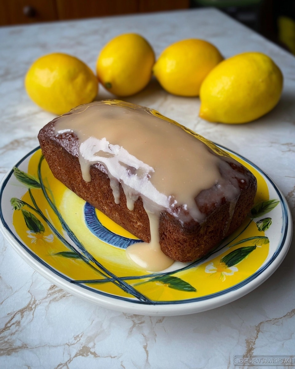 A rectangular loaf cake with a dark brown, slightly rough texture on the sides and bottom topped with a smooth, light beige glaze dripping slightly over the edges sits on a white plate decorated with a colorful design of yellow flowers, green leaves, and blue lines. Surrounding the plate are four bright yellow lemons placed on a white marbled surface. The scene is captured clearly with natural lighting. photo taken with an iphone --ar 4:5 --v 7