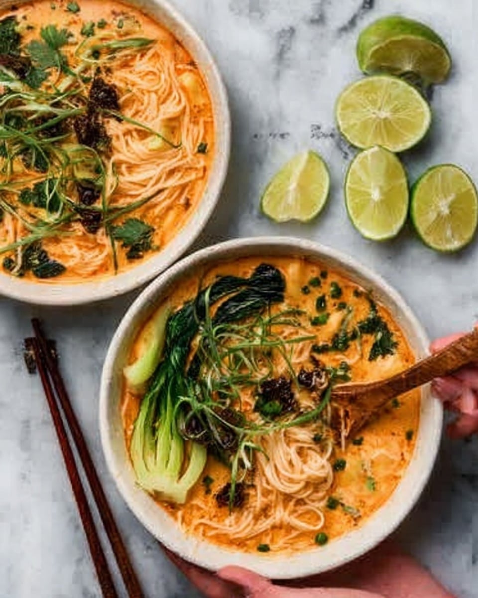 There are two white bowls filled with a creamy orange soup base. Each bowl has thin noodles submerged in the soup and is topped with bright green vegetables including bok choy and fresh herbs scattered on top. One bowl has a wooden spoon resting inside, and there are lime wedges placed on the edge of the bowls. Thin green curls and dark small pieces are sprinkled over the noodles for extra texture. The bowls sit on a white marbled surface with a pair of brown chopsticks beside one bowl. A woman's hand is holding the bowl with the spoon. photo taken with an iphone --ar 4:5 --v 7