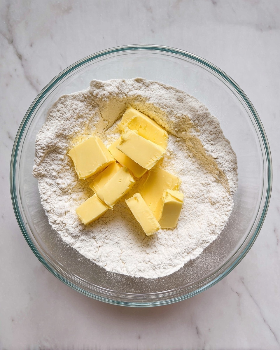 A clear glass bowl sits on a white marbled surface, filled with a layer of white flour that covers most of the bottom. On top of the flour, there are five uneven chunks of bright yellow butter placed in different spots, some partially sunk into the flour. The texture shows the powdery flour contrasting with the smooth, solid butter blocks. The image is bright and clear, focusing on the mixing ingredients. photo taken with an iphone --ar 4:5 --v 7