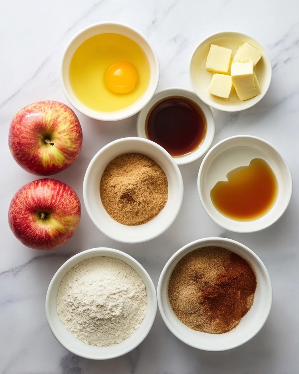 The image shows eight white bowls and two apples placed on a white marbled surface. The top row has three bowls: one with yellow beaten eggs, the next with a dark brown liquid, and the last with two small pieces of light yellow butter. Below these, from left to right, are a bowl filled with light brown sugar, a bowl containing mixed spices in shades of brown and reddish-brown, and a bowl with coarse brown sugar. The bottom row has one bowl with white flour. To the left of the bowls are two red apples with hints of yellow. The arrangement is neat and well spaced. Photo taken with an iphone --ar 4:5 --v 7