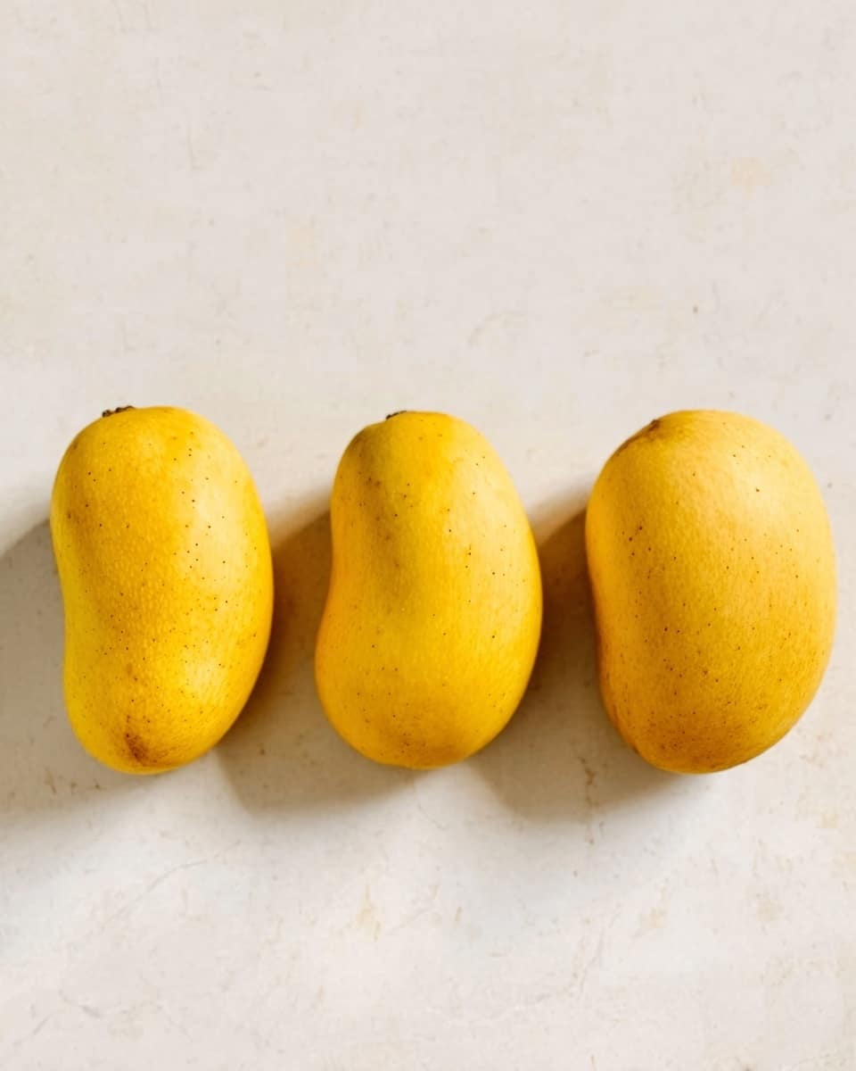 Three yellow mangoes are placed side by side on a white marbled surface. Each mango is smooth with a slightly shiny texture and faint brown spots on the skin. The mangoes evenly line up horizontally with small shadows below, showing natural curves and round shapes. The background is clean and plain. Photo taken with an iphone --ar 4:5 --v 7