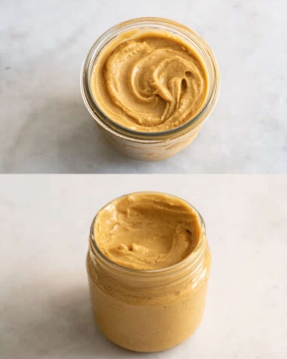 The image shows a clear glass jar filled with smooth, thick peanut butter that has a creamy, light brown color. The jar is placed on a white marbled surface with soft natural light. In one photo, the peanut butter is seen from above with slight swirls on its surface, while in the other photo, the jar is full and standing upright, showing the creamy texture through the glass. The background is clean and white with a subtle marble pattern. photo taken with an iphone --ar 4:5 --v 7