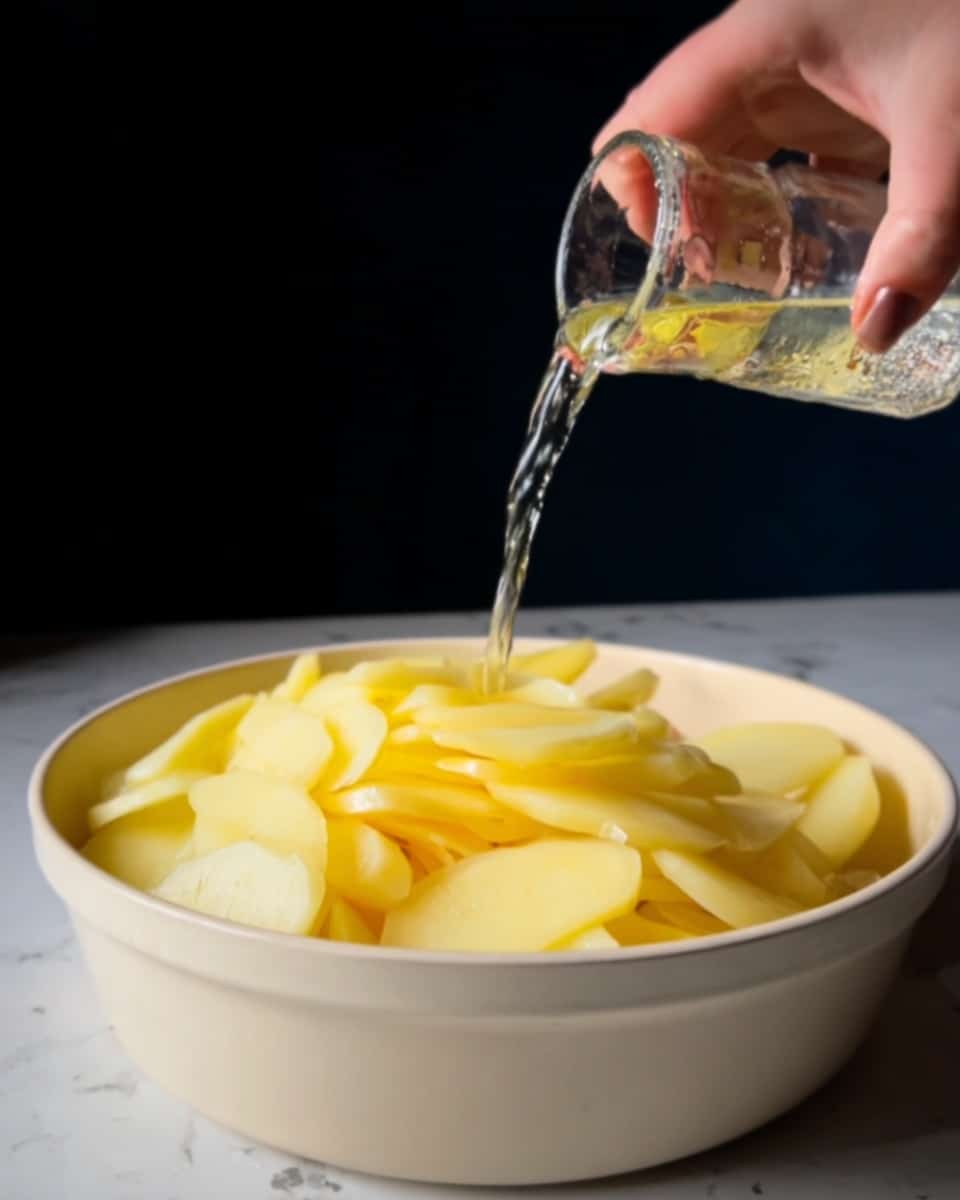 A woman's hand is pouring a clear liquid from a small transparent glass over a bowl filled with large, uneven slices of peeled yellow potatoes. The bowl is white, round, and deep, and it is placed on a white marbled surface. The potatoes fill the bowl almost to the top, creating a layered look with their smooth, pale yellow surfaces. The background is dark, which contrasts with the bright colors of the potatoes and the bowl. photo taken with an iphone --ar 4:5 --v 7