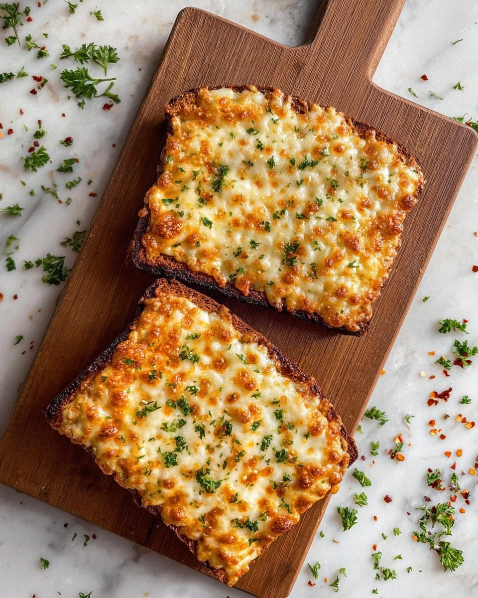 Two pieces of rectangular toast with golden-brown melted cheese on top sit on a wooden cutting board. The cheese layer is bubbly and browned in spots, sprinkled with small green parsley pieces. The toast edges are dark and slightly crispy, showing the contrast to the bright cheesy top. The wooden board rests on a white marbled surface with scattered parsley and chili flakes around. The photo taken with an iphone --ar 4:5 --v 7