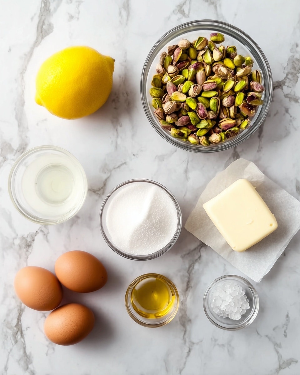 The image shows several ingredients laid out on a white marbled surface. In the top left, there is a whole yellow lemon. Moving right, a clear glass bowl is full of bright green and brown shelled pistachios. Below the lemon, there is a small clear glass bowl with a white powdery ingredient, likely salt. To the right and slightly below, there is a white bowl filled with granulated white sugar. Near the bottom left, four brown eggs rest close together on the marble. To the right of the eggs, a small stick of pale yellow butter sits on a piece of parchment. Below the sugar bowl, a small clear glass container with a golden liquid, probably vanilla extract, is placed. Finally, near the bottom edge of the image, a tiny clear glass bowl holds a white crystalline ingredient. The image is clean and bright with soft light. photo taken with an iphone --ar 4:5 --v 7