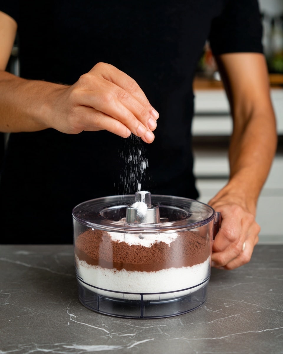 The image shows a clear food processor bowl with three visible layers inside it placed on a gray surface with a white marbled texture. The bottom layer is a fine white powder, the middle layer is a thick layer of dark brown powder, and on top, there is a small amount of white powder sprinkled. Above the bowl, there is a pair of hands, with a woman's hand sprinkling some fine white salt or sugar into the bowl. The person is wearing a black short-sleeved shirt, and the background is softly blurred with kitchen drawers visible. Photo taken with an iphone --ar 4:5 --v 7