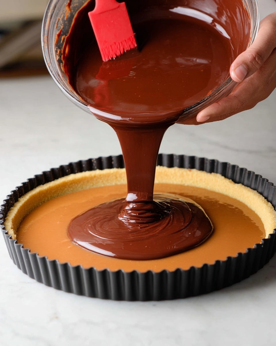 A shiny, smooth dark brown chocolate layer is being poured from a clear glass bowl using a red spatula onto a flat, thick golden caramel layer inside a black tart pan with ridged edges. The chocolate flows in a thick ribbon, slowly covering the caramel layer below. A woman's hand holds the bowl tilted as the chocolate cascades down and spreads evenly on top of the caramel. The scene is set on a white marbled surface with a blurred background. photo taken with an iphone --ar 4:5 --v 7