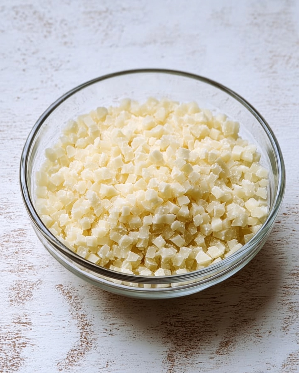 A clear glass bowl filled with small, pale yellow cubes that have a soft texture fills the frame, placed on a white marbled surface. The bowl is centered, showing the light shining through its smooth, curved sides. The small cubes inside form a single layer that almost covers the bottom of the bowl, making a textured pile with uneven shapes and sizes. The white marbled surface beneath adds a clean and subtle pattern to the background. photo taken with an iphone --ar 4:5 --v 7