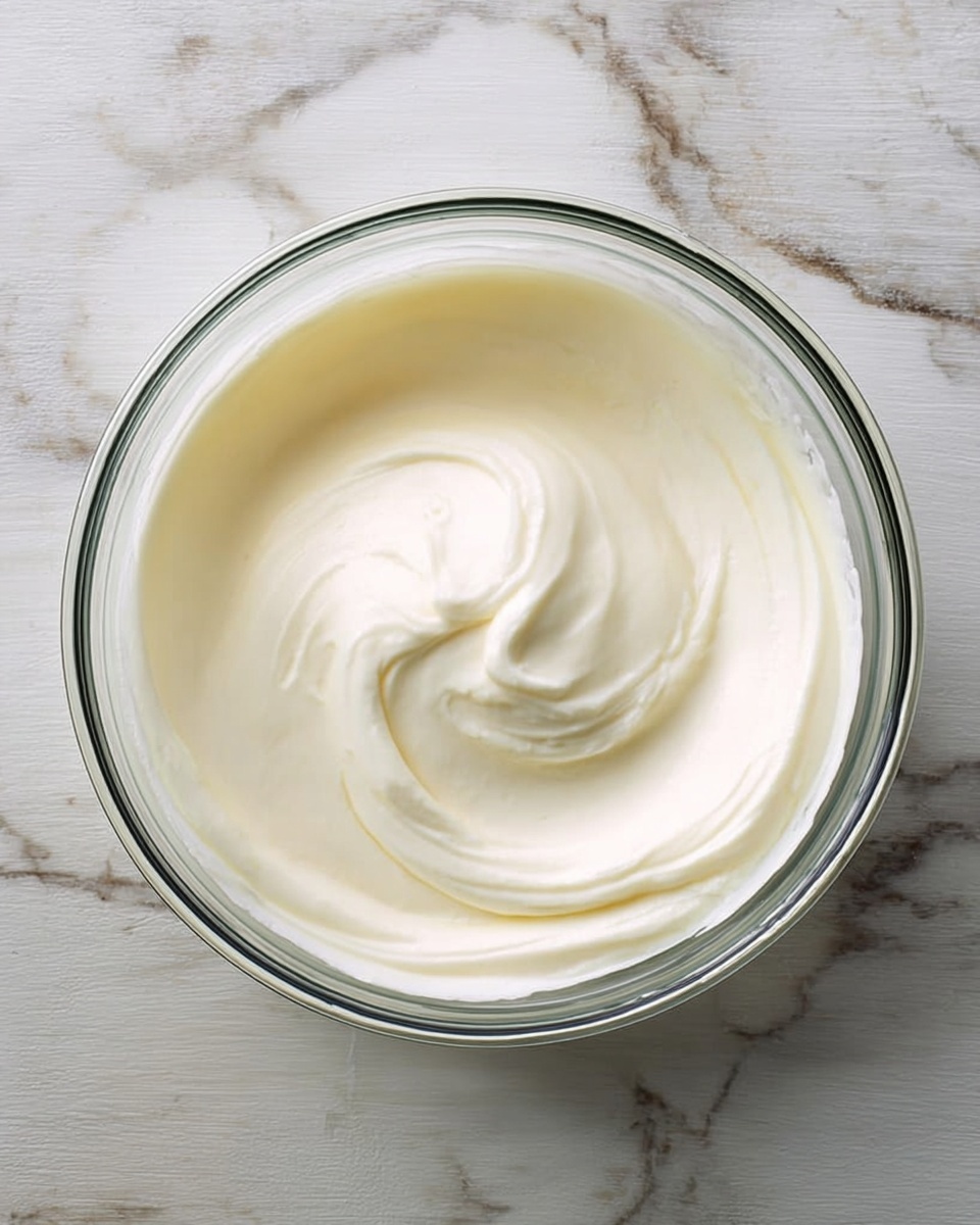 A clear glass bowl filled with a thick, smooth, creamy white mixture that looks light and fluffy, swirled in a circular motion with soft peaks at the center. The bowl is placed on a white marbled surface. photo taken with an iphone --ar 4:5 --v 7