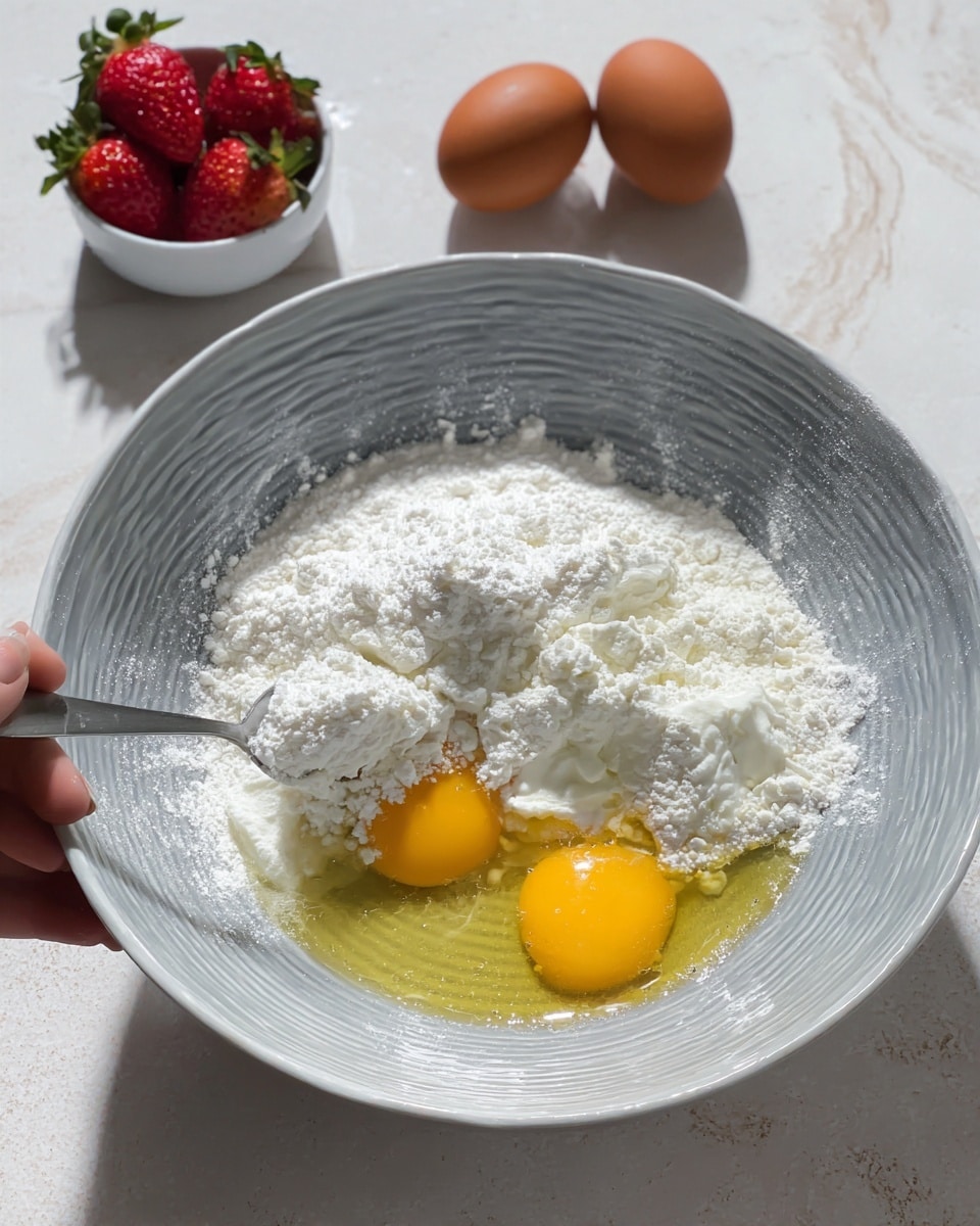 A white patterned bowl holds three visible layers of ingredients: at the bottom, two bright yellow egg yolks and clear egg whites; on top of them, a layer of thick white cream or yogurt; and covering nearly all the surface, a mound of white powdered flour with a soft, powdery texture. The bowl is placed on a smooth white marbled surface with a small white bowl of fresh red strawberries and two brown eggs in the background. A woman's hand is holding a spoon over the bowl. photo taken with an iphone --ar 4:5 --v 7