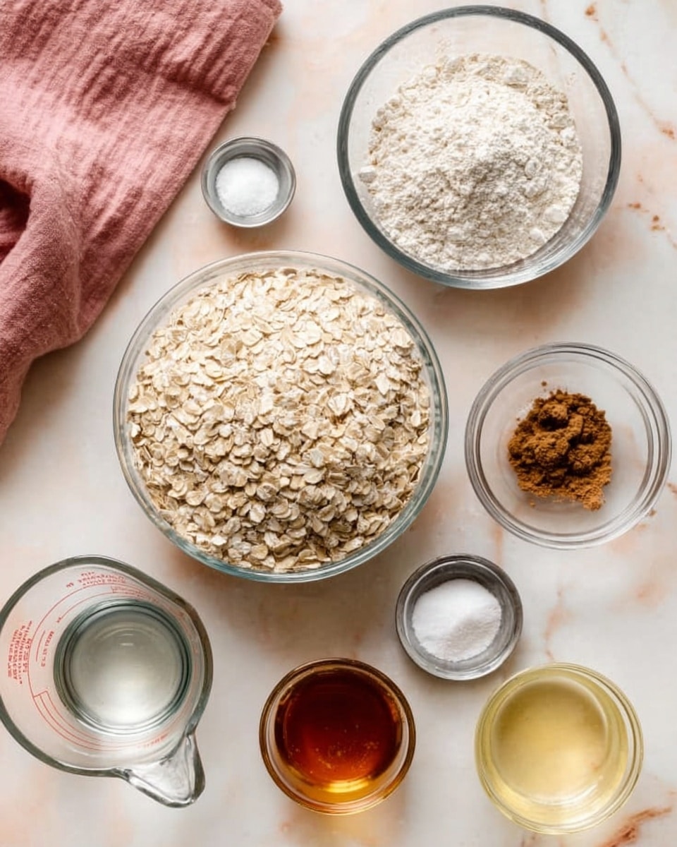 The image shows a top view of a light meal preparation setup on a white marbled surface, featuring seven clear and metal bowls of different sizes. At the center, a medium glass bowl is filled with pale beige rolled oats with a slightly rough texture. Directly above it, a larger glass bowl contains sifted white flour with a soft powdery texture. To the right of the oats, two small glass bowls hold dark brown cinnamon powder and amber-colored maple syrup, each with smooth surfaces. To the left of the oats, a small silver bowl holds white granulated sugar, and next to it is a tiny glass bowl with light beige baking powder. At the bottom left corner, a clear Pyrex measuring cup contains transparent water, and beside it is a small glass bowl filled with a light yellow liquid, likely oil. A soft pink cloth napkin rests nearby on the surface. photo taken with an iphone --ar 4:5 --v 7