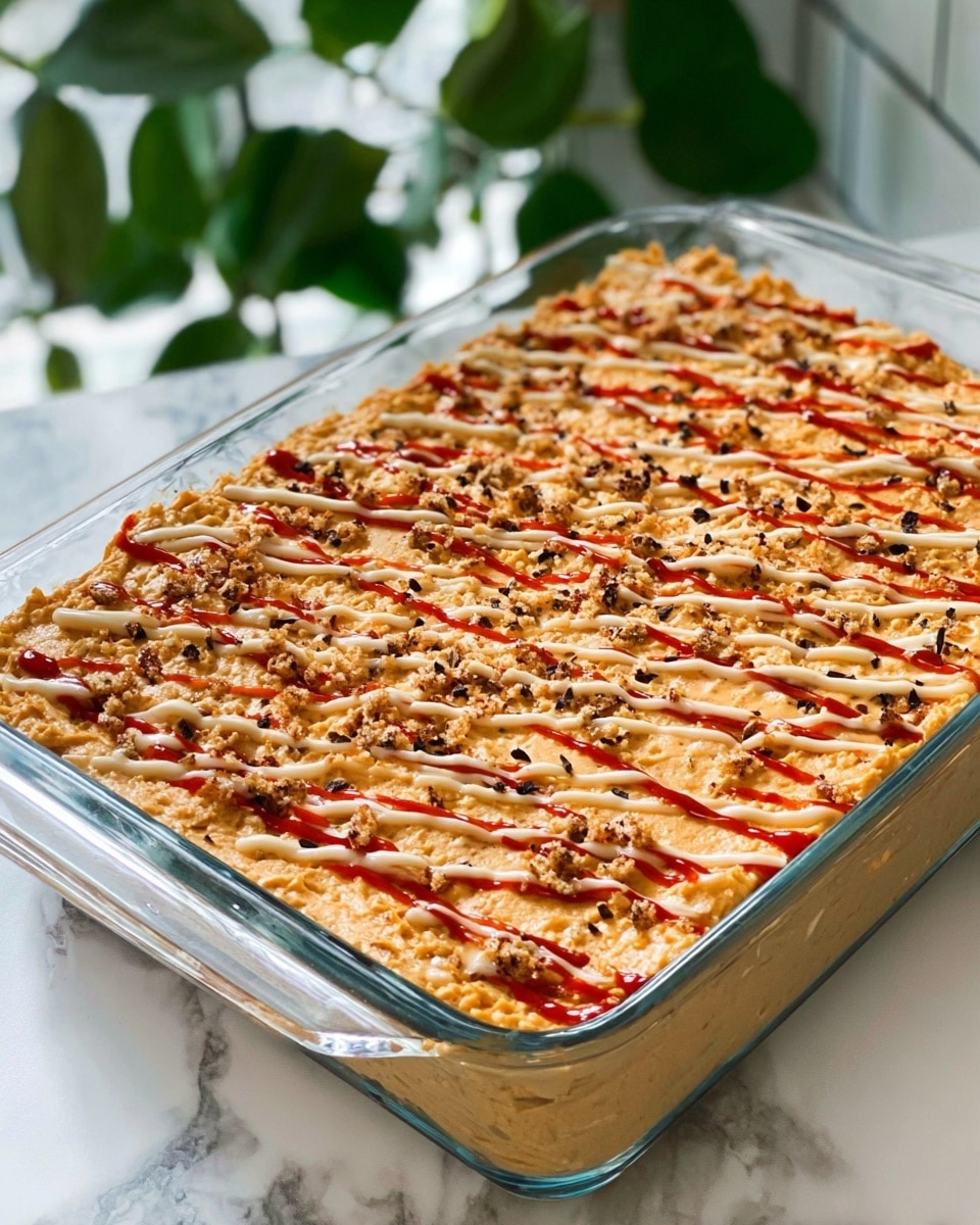 The dish in a clear rectangular glass baking dish shows a single thick layer of creamy, orange-colored mixture with a slightly rough texture, spread evenly across the bottom. On top, there are tight lines of red sauce and pale cream sauce drizzled in a crisscross pattern. There are small black and brown bits sprinkled evenly over the surface, adding texture contrast. The dish is set on a white marbled surface with green leaves and light tiles in the blurred background. photo taken with an iphone --ar 4:5 --v 7