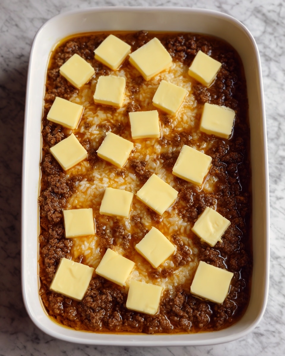 The image shows a white rectangular dish filled with a layer of cooked ground meat mixed with rice, covered in a thin layer of brown sauce. On top, there are many small square pieces of yellow butter spread evenly across the entire surface. The dish sits on a white marbled texture surface. photo taken with an iphone --ar 4:5 --v 7